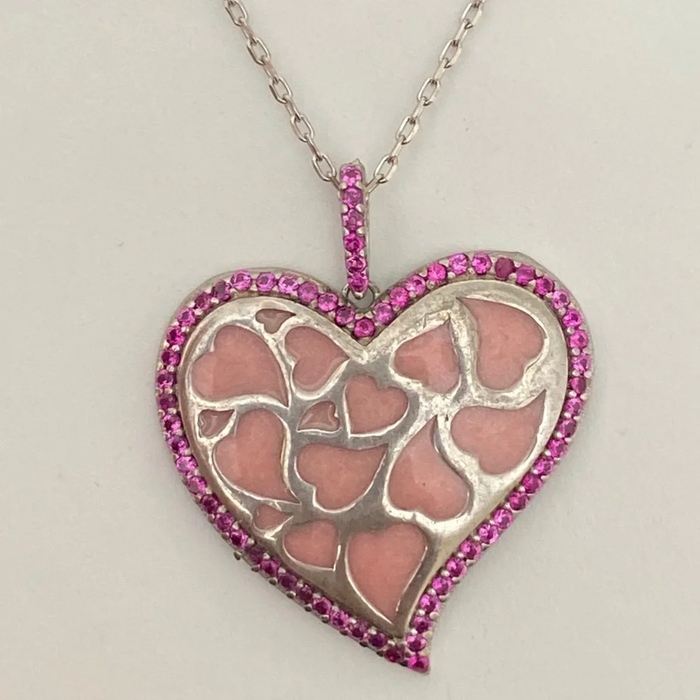 💗925 Silver heart hearts pink cz enamel necklace💗